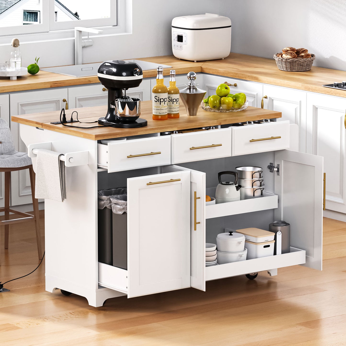 LEGAHOME 59.3” Kitchen Island with Rubberwood Drop-Leaf Top