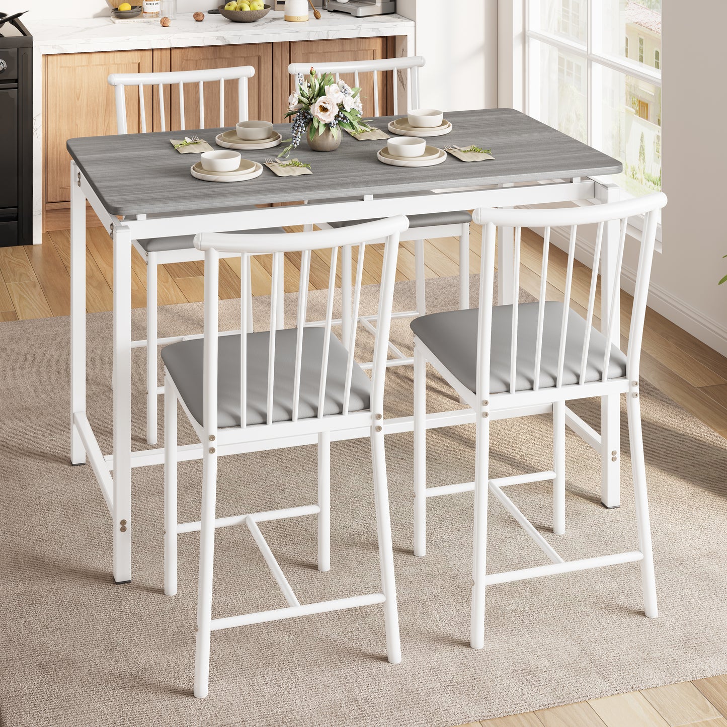 Dining Room Table Set for 4, LEGAHOME 5 Piece Bar Height Dining Table Set with 4 Stools, Pub Table and Chairs Set for Kitchen Dining Room, Gray Tabletop & White Frame
