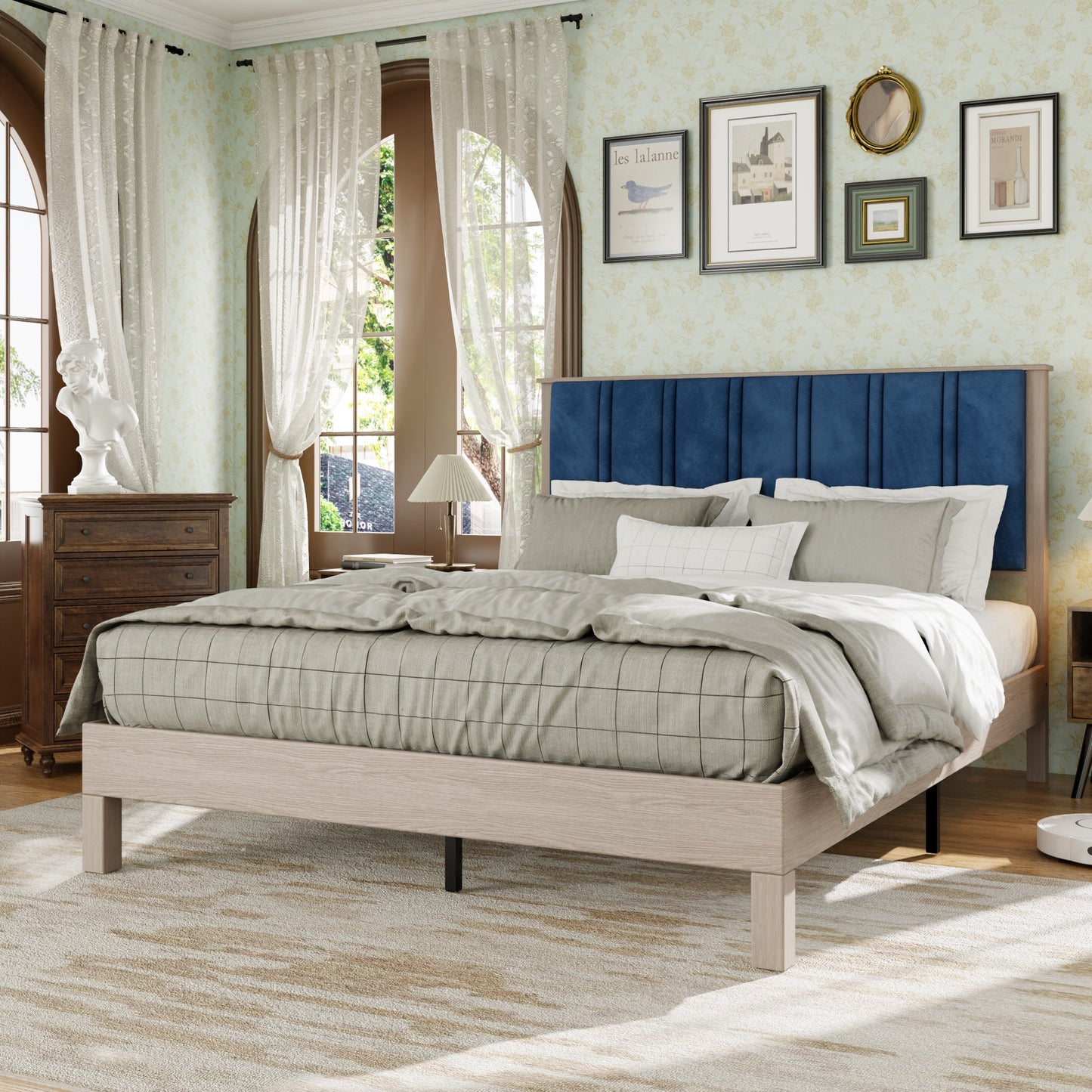 Full Wood Bed Frame with Upholstered Headboard, Classic Platform Bed Frame with Durable Wood Slats, No Box Spring Needed