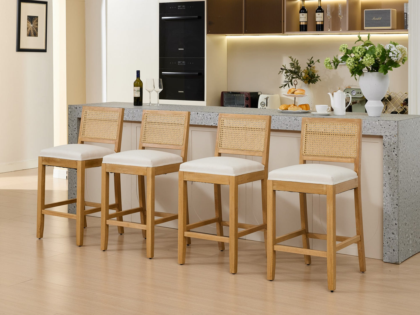 Bar Stools Set of 2, Legahome 28" Bar Height Bar Stool, Farmhouse Linen Upholstered Bar Stool with Rattan-Back, Boho Solid Wood Bar Stools Set for Kitchen Island Dining Room