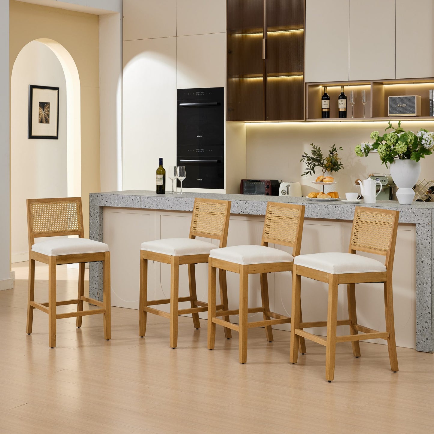 Bar Stools Set of 2, Legahome 28" Bar Height Bar Stool, Farmhouse Linen Upholstered Bar Stool with Rattan-Back, Boho Solid Wood Bar Stools Set for Kitchen Island Dining Room