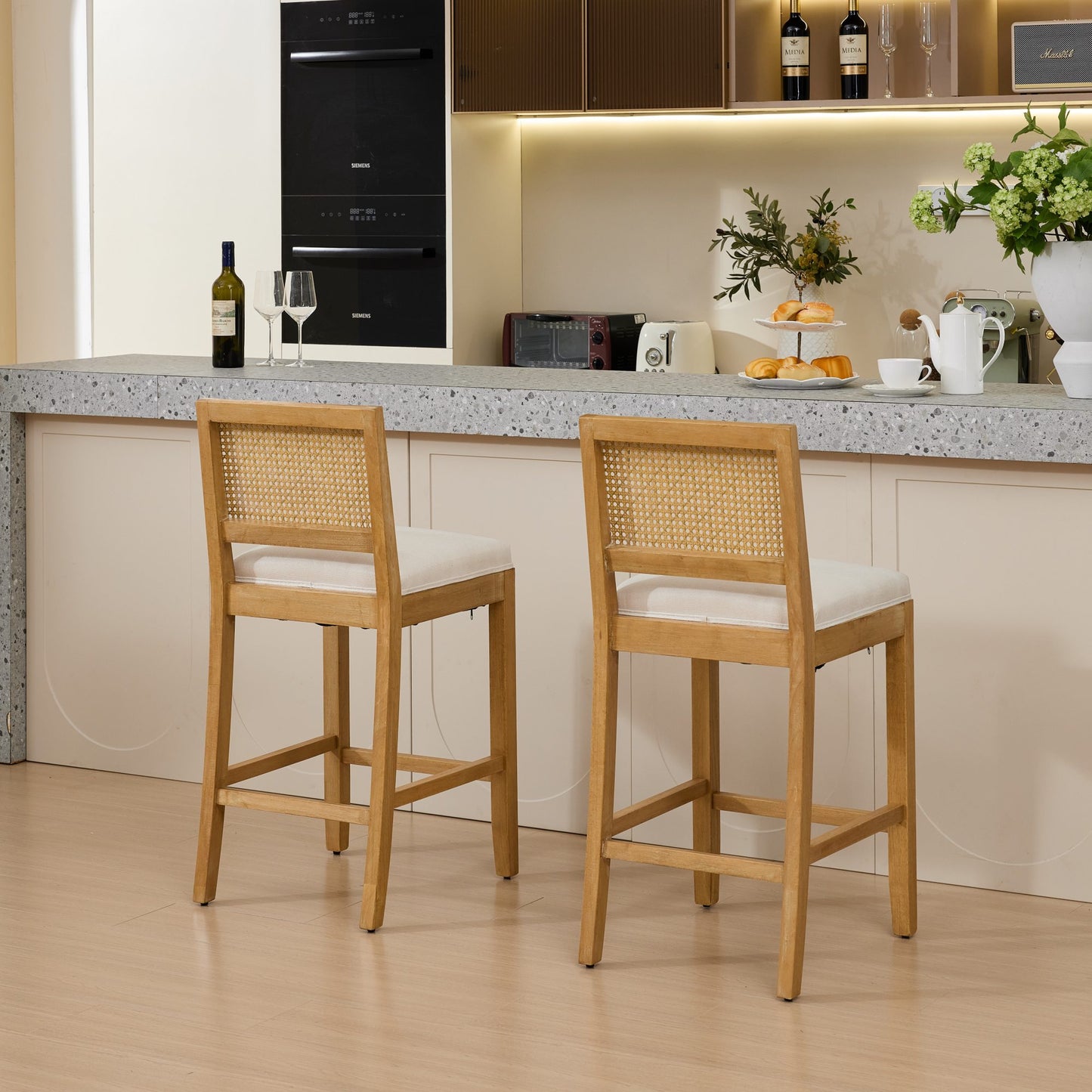 Bar Stools Set of 2, Legahome 28" Bar Height Bar Stool, Farmhouse Linen Upholstered Bar Stool with Rattan-Back, Boho Solid Wood Bar Stools Set for Kitchen Island Dining Room