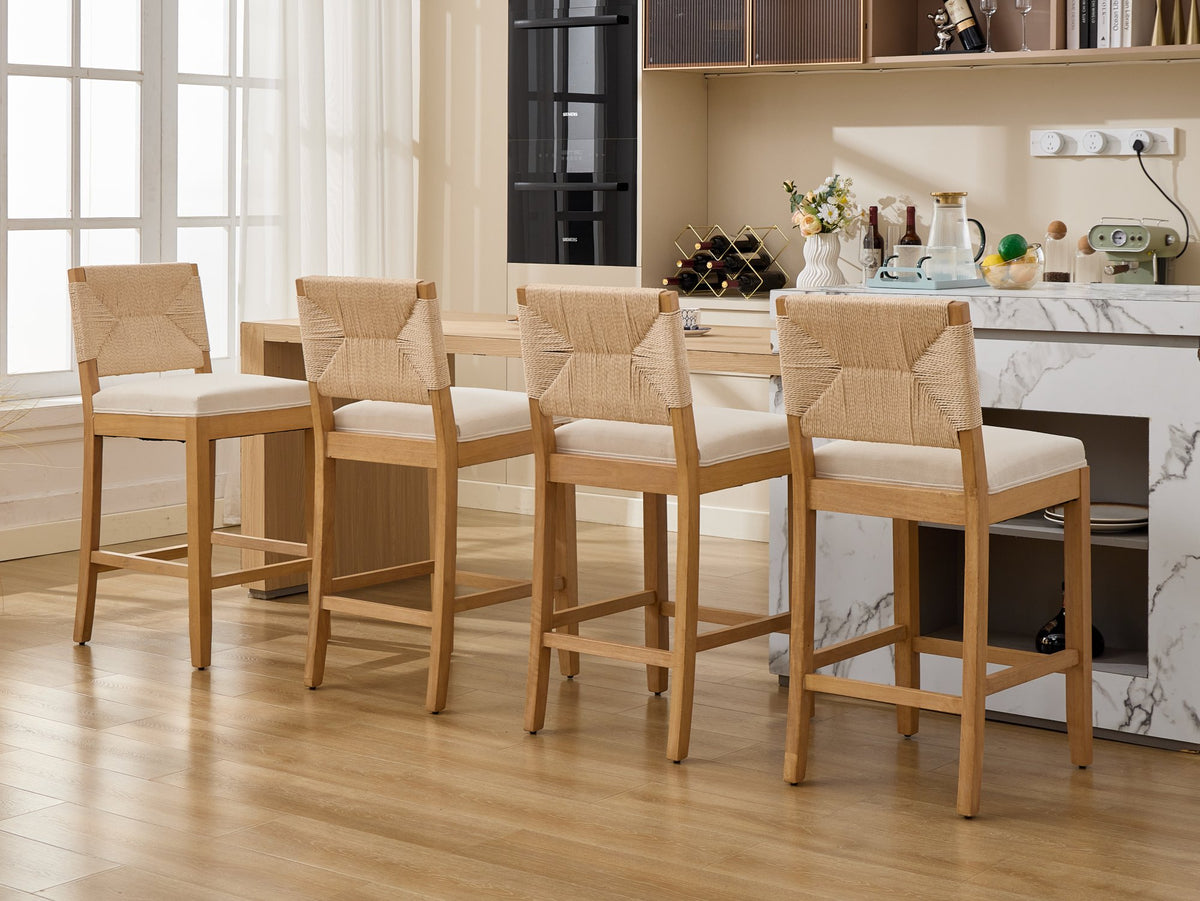 Bar Stools Sets of 2, Counter Height Bar Stools with Woven Seagrass Back, Linen Upholstered 26" Counter Stools for 35-39" Kitchen Island Counter, Beige