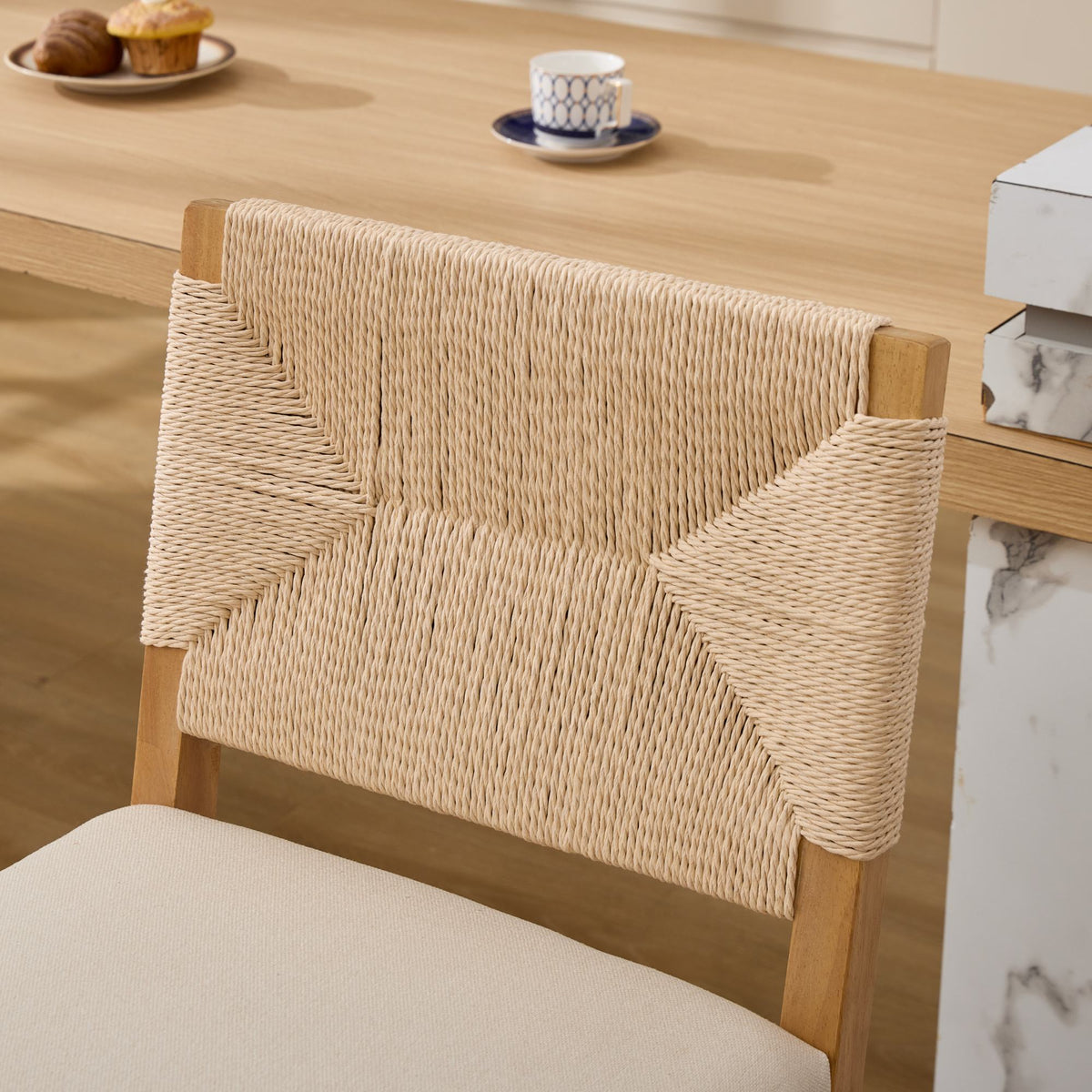Bar Stools Sets of 2, Counter Height Bar Stools with Woven Seagrass Back, Linen Upholstered 26" Counter Stools for 35-39" Kitchen Island Counter, Beige