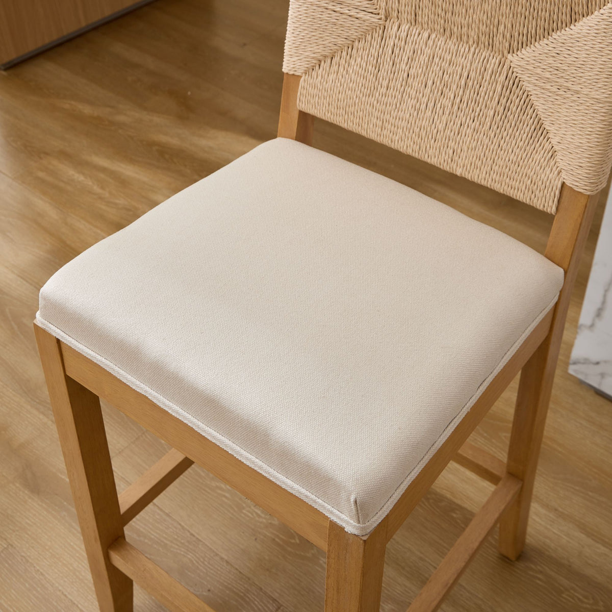 Bar Stools Sets of 2, Counter Height Bar Stools with Woven Seagrass Back, Linen Upholstered 26" Counter Stools for 35-39" Kitchen Island Counter, Beige