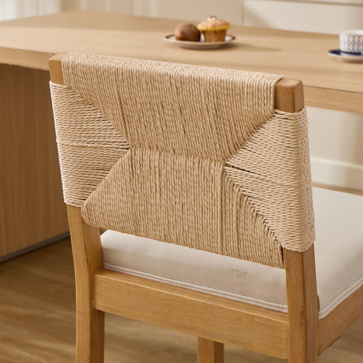 Bar Stools Sets of 2, Counter Height Bar Stools with Woven Seagrass Back, Linen Upholstered 26" Counter Stools for 35-39" Kitchen Island Counter, Beige