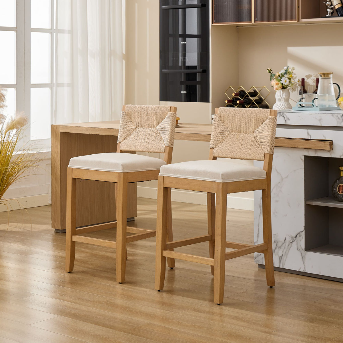 Bar Stools Sets of 2, Counter Height Bar Stools with Woven Seagrass Back, Linen Upholstered 26" Counter Stools for 35-39" Kitchen Island Counter, Beige