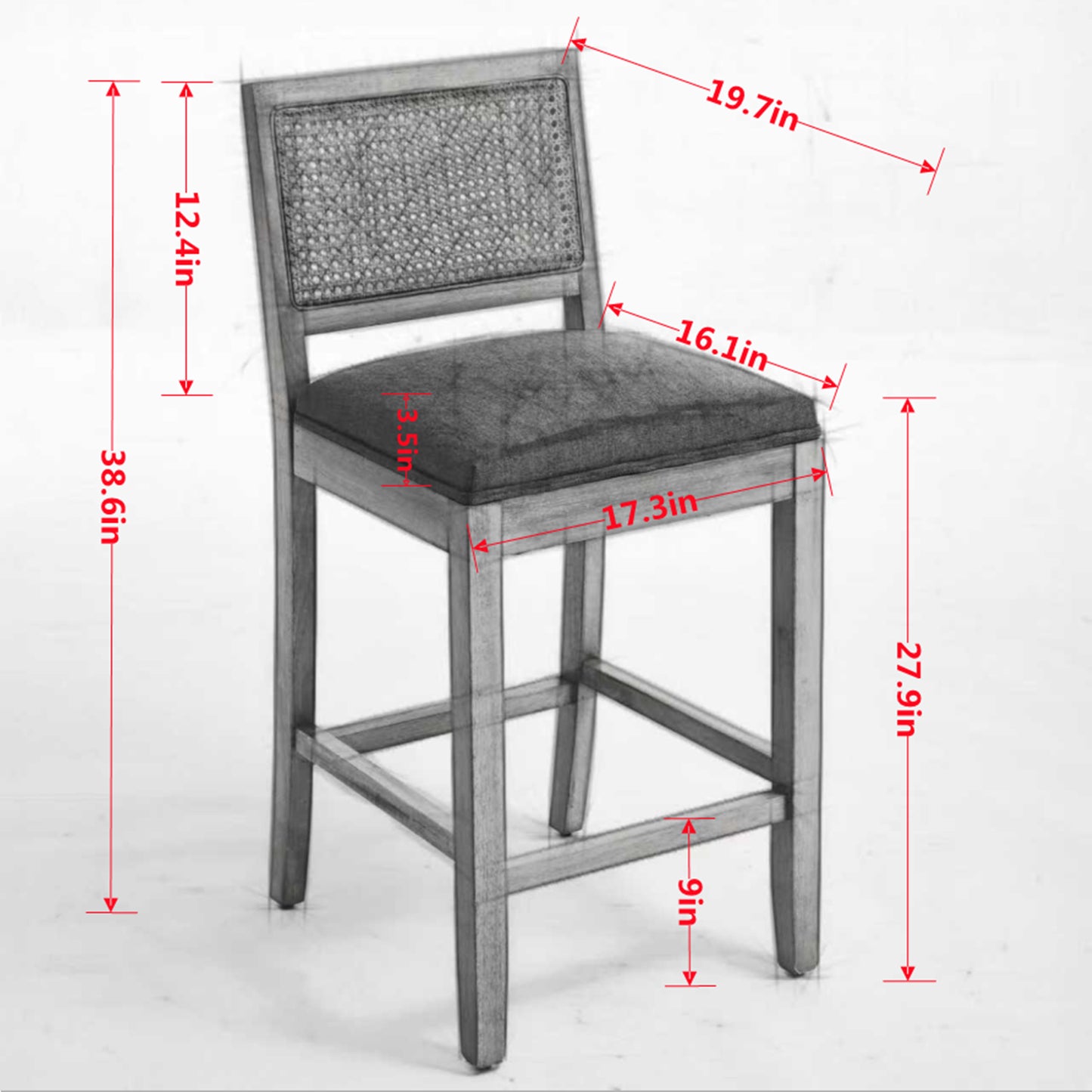 Bar Stools Set of 2, Legahome 28" Bar Height Bar Stool, Farmhouse Linen Upholstered Bar Stool with Rattan-Back, Boho Solid Wood Bar Stools Set for Kitchen Island Dining Room