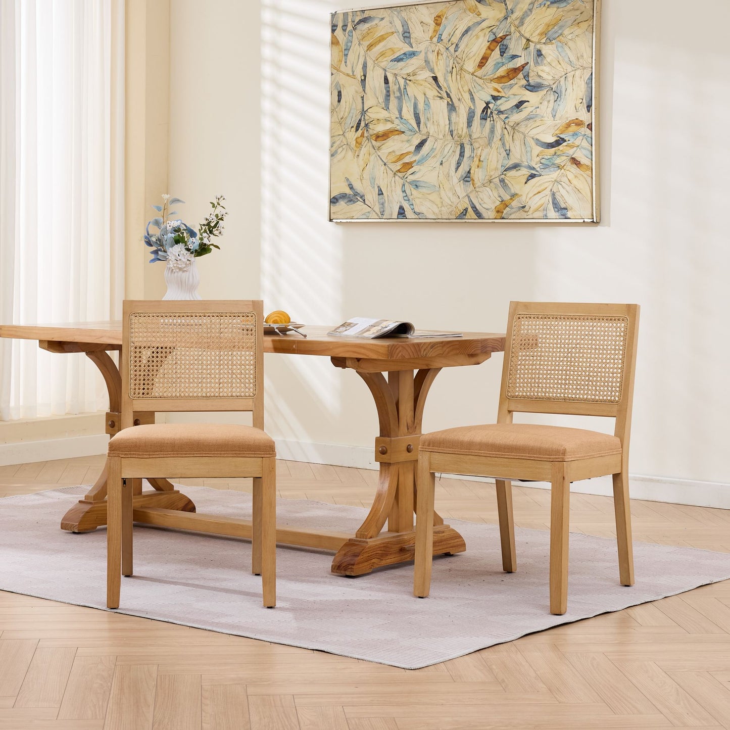Dining Chairs Set of 2, Modern Farmhouse Dining Chair with Cane Back, LEGAHOME Upholstered Kitchen Chair, Wood Side Chair for Kitchen Dining Room, Beige
