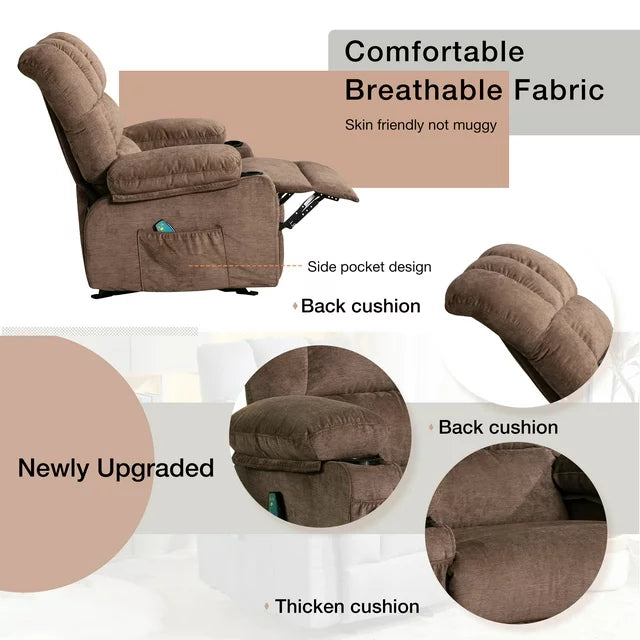 LegaHome Massage Recliner Chair, Brown Fabric Manual Reclining Sofa with Heat Therapy, Massage Function, Rocking Function, Cup Holder and Side Pocket, Heavy Duty Rocker Sofa for Elderly Home Theater