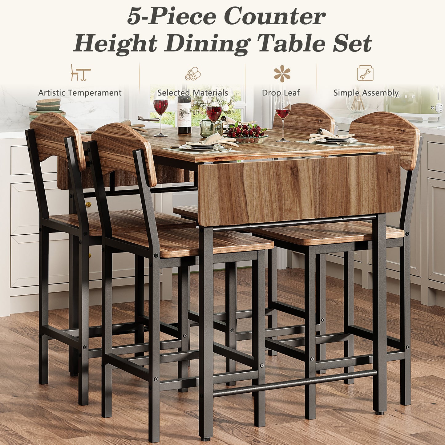 Dining Table Set for 4, Drop Leaf Pub Table and Dining Chair Set, Counter Height Table Set of 5, Kitchen Table Set with Stools for Kitchen Apartment Bistro, Beige
