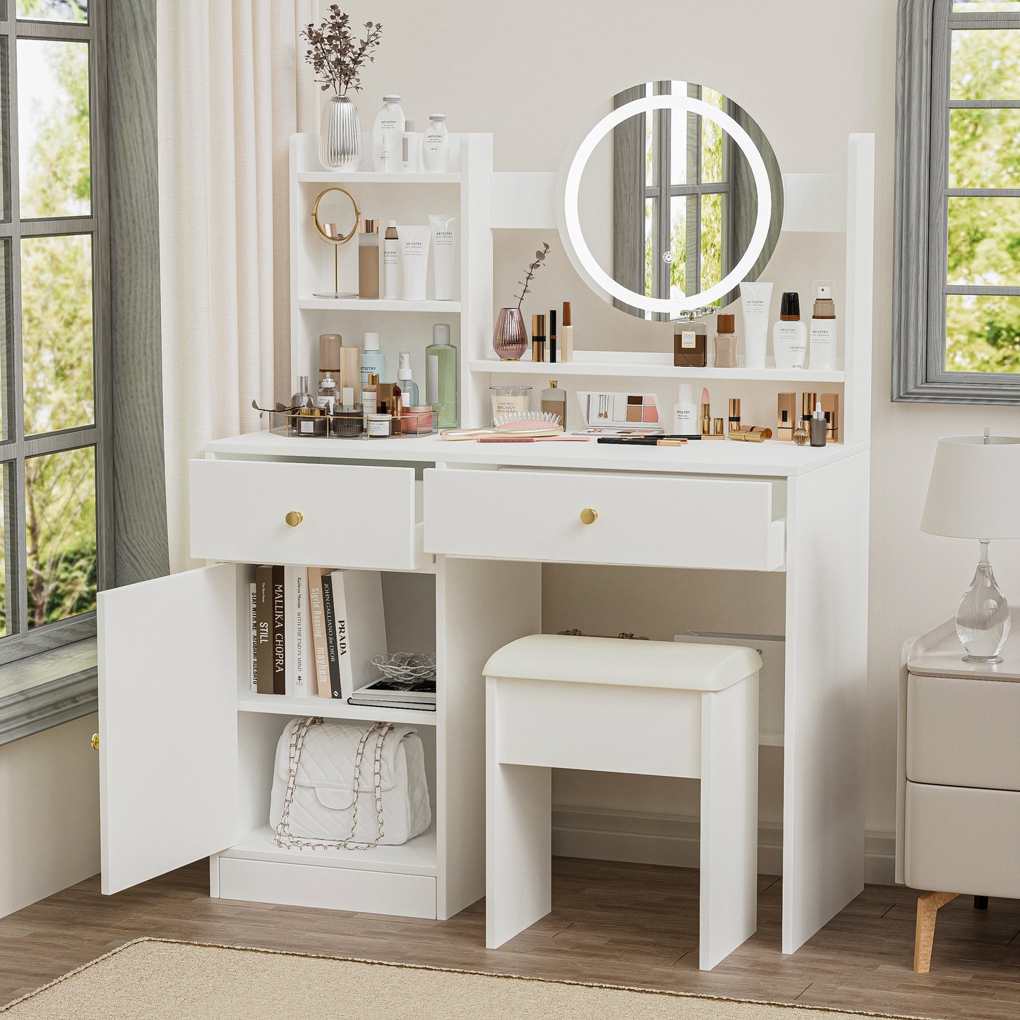 Vanity Set with Sliding Mirror and Lights, Modern Lighted Makeup Vanity Table Set, Vanity Desk with Chair Set for Girls, Dressing Table with Drawers for Bedroom