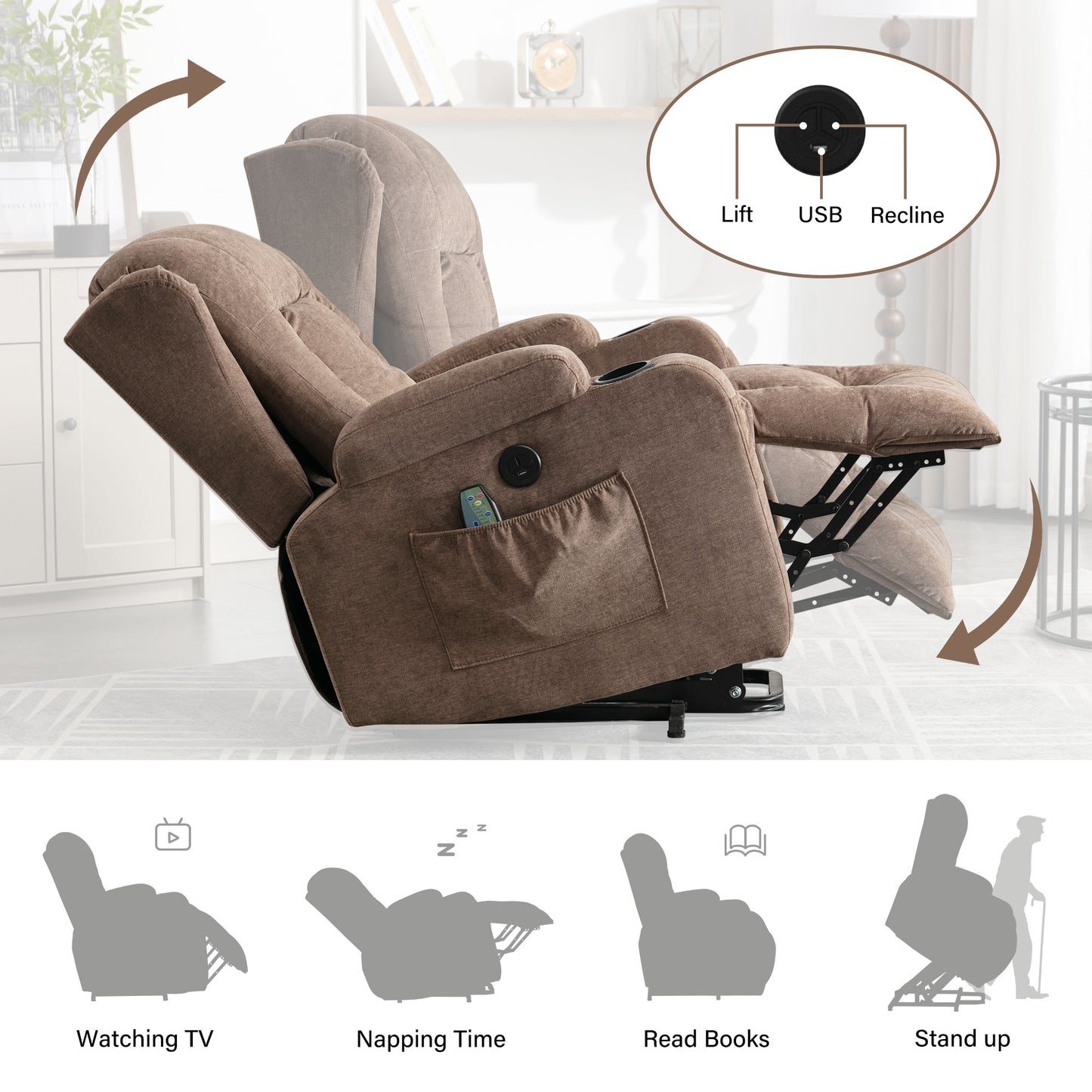 Lift Recliner Chair for Living Room, 23 in Oversized Seat Power Lift Recliner Chair, Electric Lift Recliner for Elderly, Recliner Sofa Chair with Cup Holder, USB Port, 330lbs Capacity, Grey
