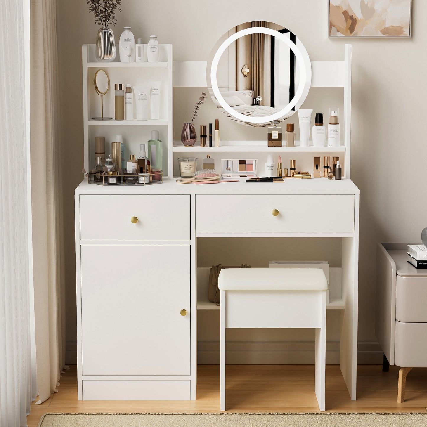 Vanity Set with Sliding Mirror and Lights, Modern Lighted Makeup Vanity Table Set, Vanity Desk with Chair Set for Girls, Dressing Table with Drawers for Bedroom