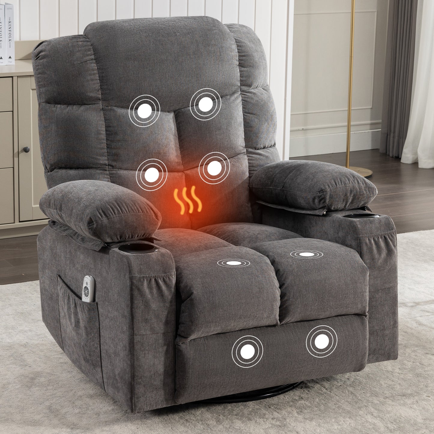 Rocker Recliner, Swivel Rocker Recliner Chair with Heat and Massage, Massage Recliner Chair for Living Room, Elderly Single Lounge Chair for Nursery Living Room Home Theater Office, Blue