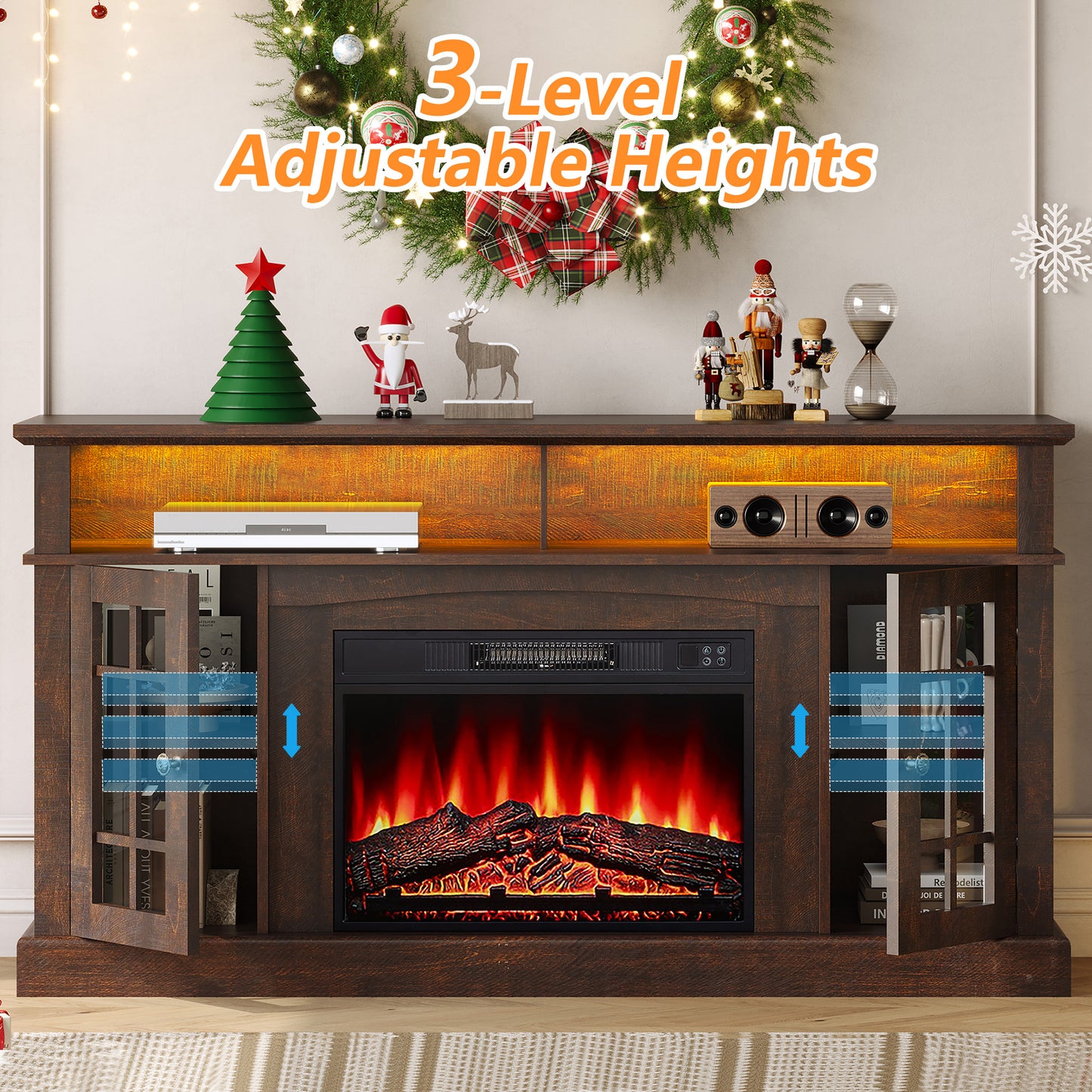 Fireplace TV Stand for 65 inch TVs with LED Lights, LEGAHOME Farmhouse Entertainment Center for TVs with 23in Fireplace, Wooden Living Room Media Console for 400Sqt, 62°F - 82°F Heating Range, Gray