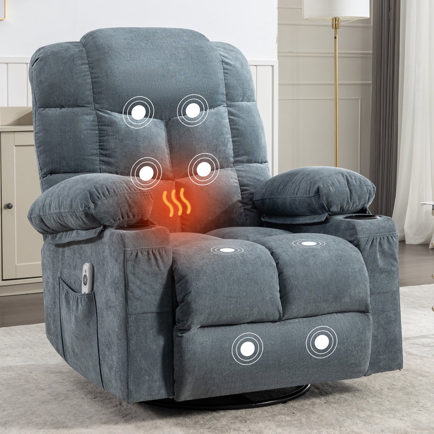 Rocker Recliner, Swivel Rocker Recliner Chair with Heat and Massage, Massage Recliner Chair for Living Room, Elderly Single Lounge Chair for Nursery Living Room Home Theater Office, Blue