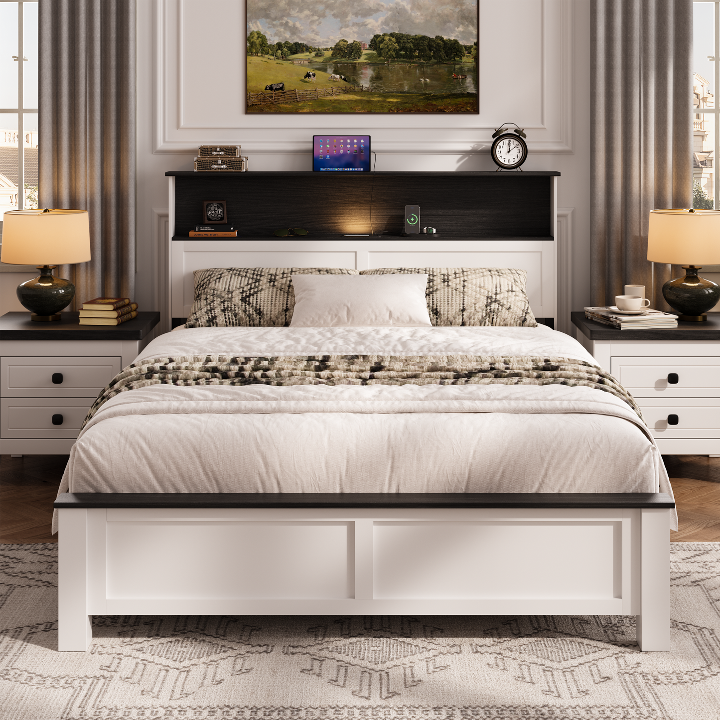 LEGAHOME e Full Size Bed Frame with Storage Headboard, Charging Station and LED Lights, Platform Bed Frame with Wooden Slats for 550lbs Weight Capacity, No Box Spring Needed