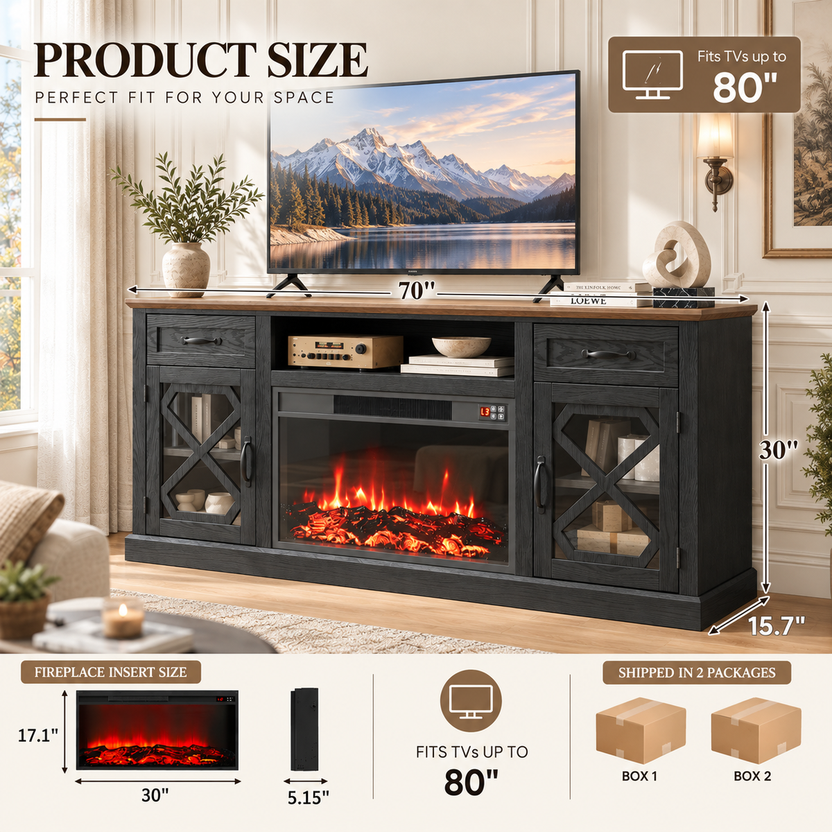 Fireplace TV Stand, LEGAHOME 70in TV Stand with 30in Fireplace for 80 inch TVs, Farmhouse Entertainment Center for Living Room, 500Sqt Heating Area, Black