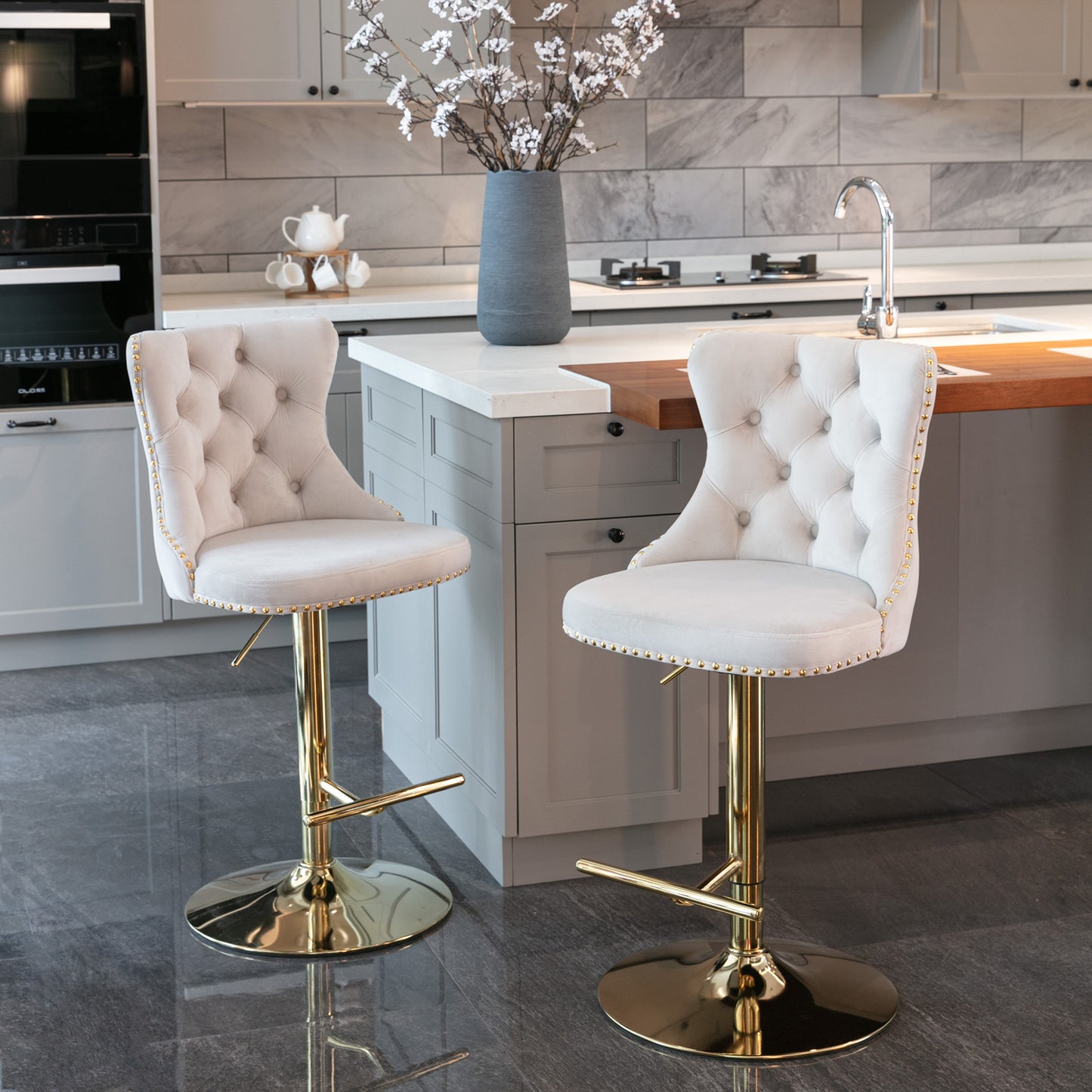 Swivel Bar Stools of 2, LegaHome Velvet Counter Height Barstools, 25-33 Inch Adjustable Height Bar Stools for Kitchen Counter, Modern Upholstered Kitchen Island Chairs, 300lbs Capacity, Beige