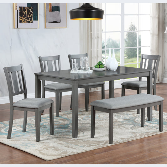 6 Pieces Dining Table Set, Farmhouse Wood Kitchen Table Set for 6 with Bench and 4 Cushioned Chairs, Farmhouse Rectangular Kitchen Dining Table and Chair Set for Dining Room, Gray