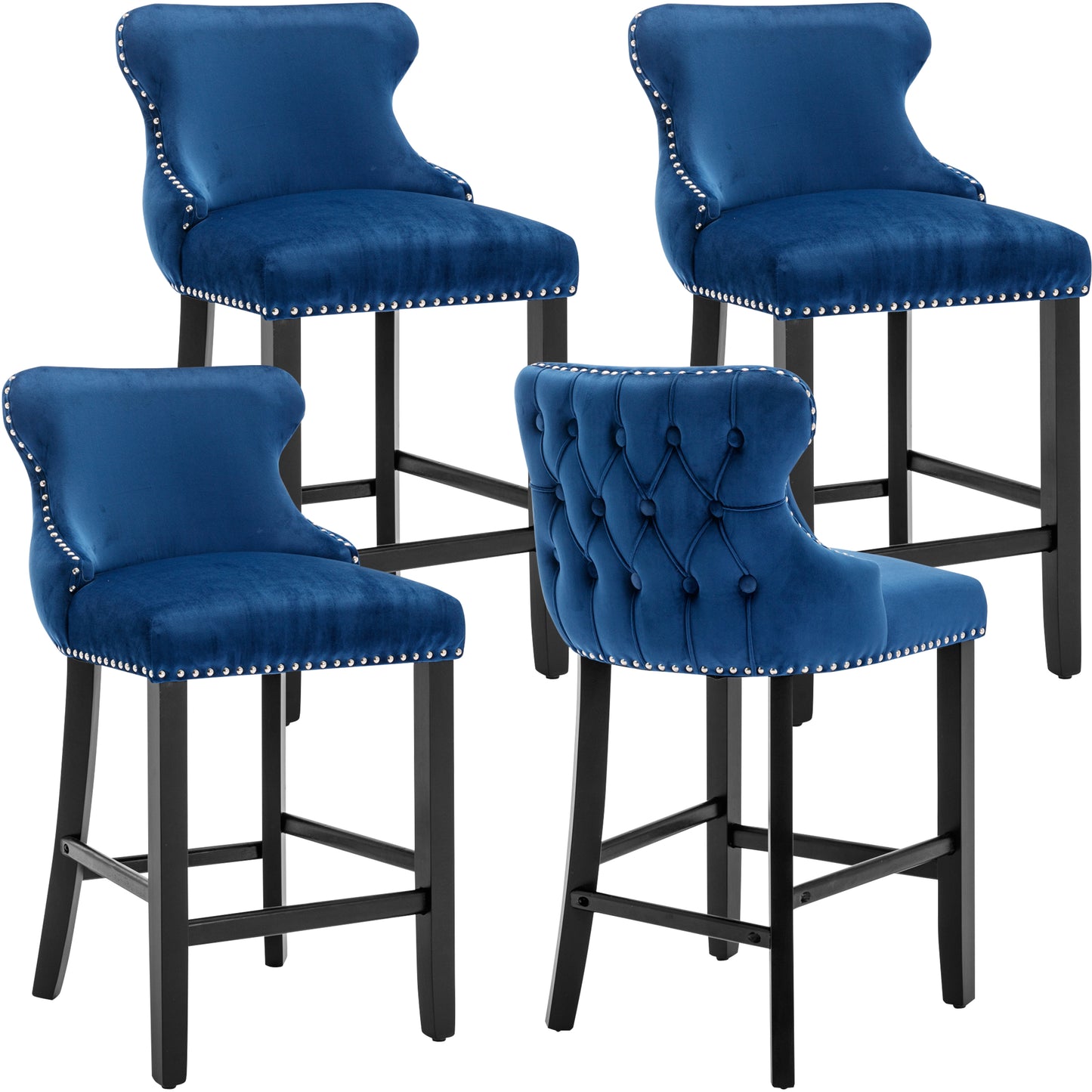 Velvet Barstools Set of 4, Contemporary Wing-Back Bar Chairs with Button Tufted and Chrome Nailhead Trim, Leisure Upholstered Bar Height Bar Stools with Wooden Legs, Beige