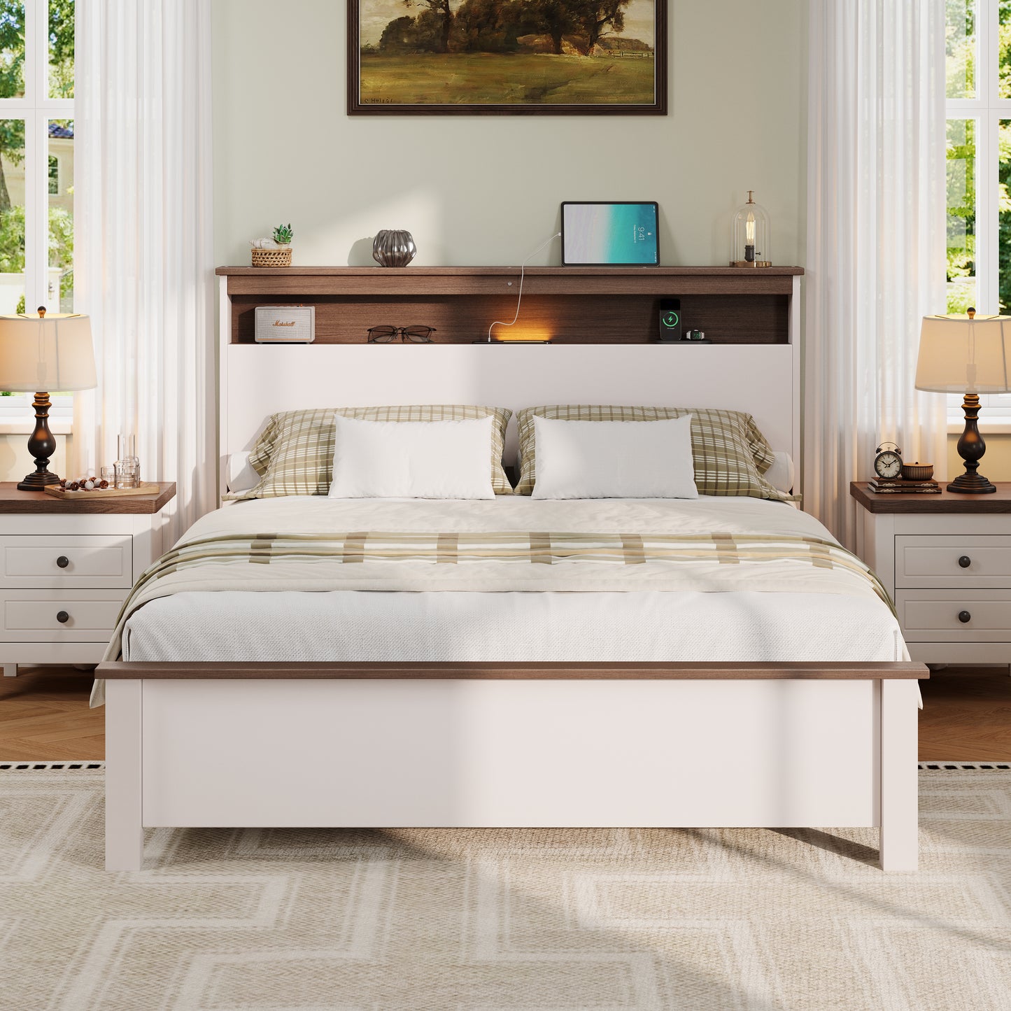 LEGAHOME e Full Size Bed Frame with Storage Headboard, Charging Station and LED Lights, Platform Bed Frame with Wooden Slats for 550lbs Weight Capacity, No Box Spring Needed
