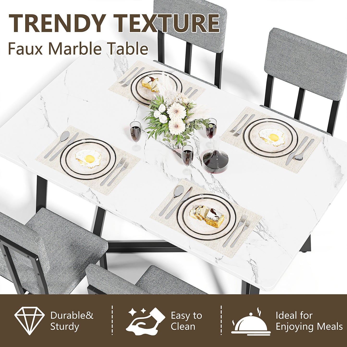 Dining Table Set for 4, 5 Piece Kitchen Table and Chairs Set, Rectangle Brown Tabletop and Brown Leather Chairs Set, Small Space Dining Room Set for Apartment