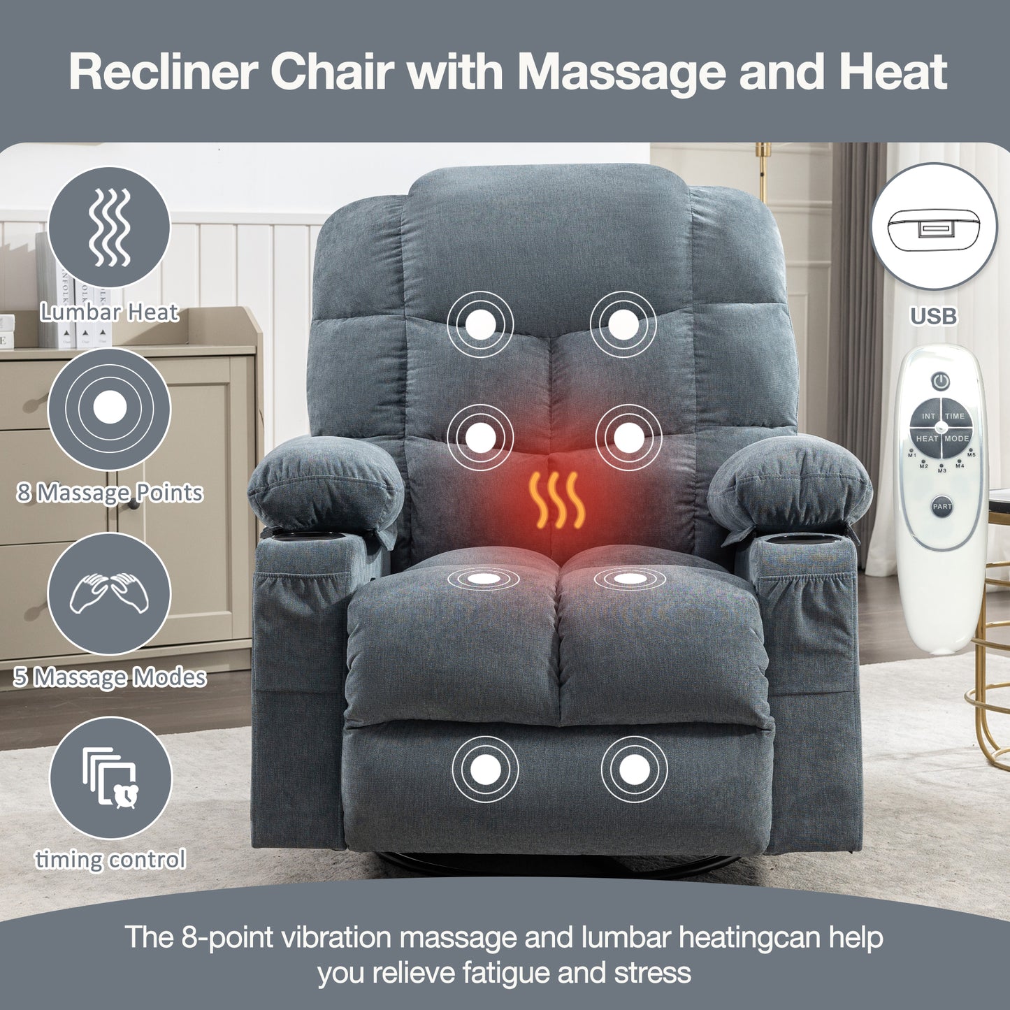 Rocker Recliner, Swivel Rocker Recliner Chair with Heat and Massage, Massage Recliner Chair for Living Room, Elderly Single Lounge Chair for Nursery Living Room Home Theater Office, Blue