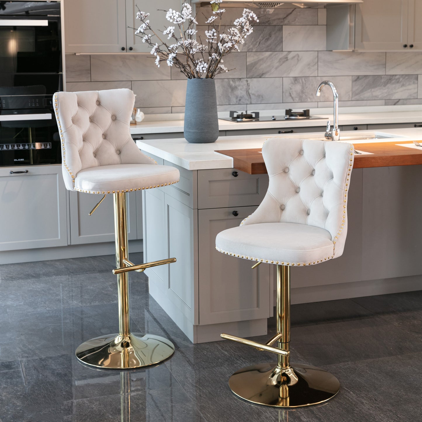Swivel Bar Stools of 2, LegaHome Velvet Counter Height Barstools, 25-33 Inch Adjustable Height Bar Stools for Kitchen Counter, Modern Upholstered Kitchen Island Chairs, 300lbs Capacity, Beige