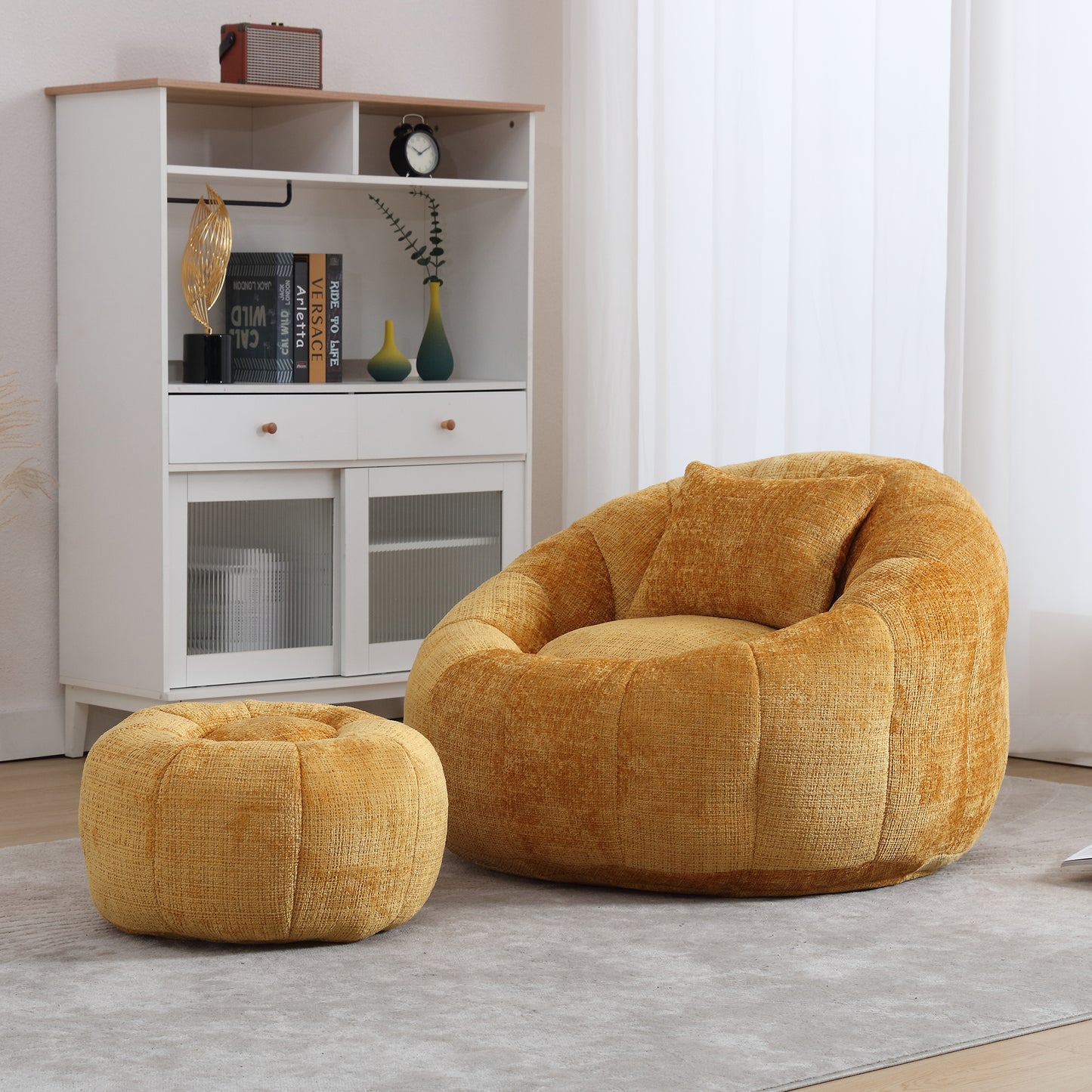 Bean Bag Chair with Ottoman, Legahome Large Bean Bag for Adult, Chenille Lazy Floor Sofa with Pillow, Pumpkin Shaped Bean Bag Chair, Reading Chair for Living Room, Bedroom, Beige