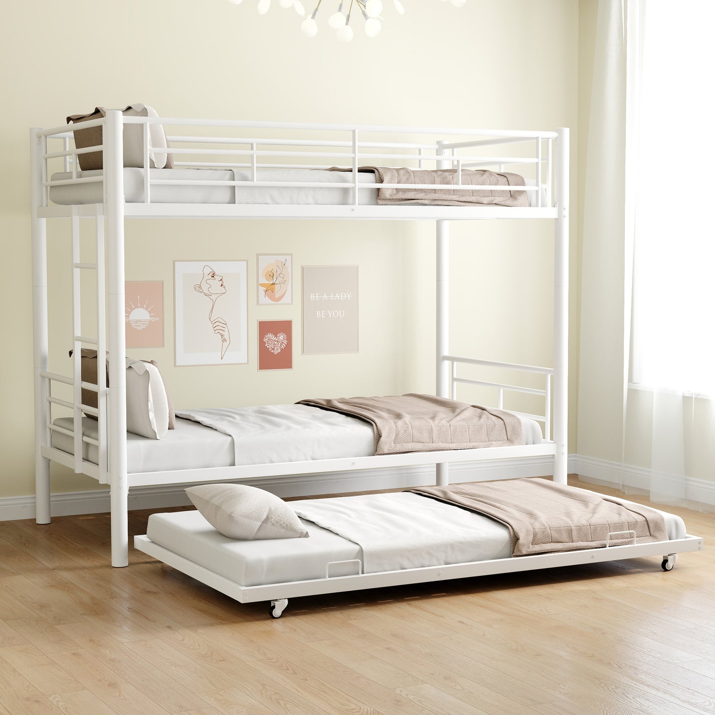 Twin Over Twin Bunk Bed with Trundle, LEGAHOME White Metal Bunk Bed For Teens, Heavy Duty Convertible BunkBeds for 350lbs Weight Capacity, White