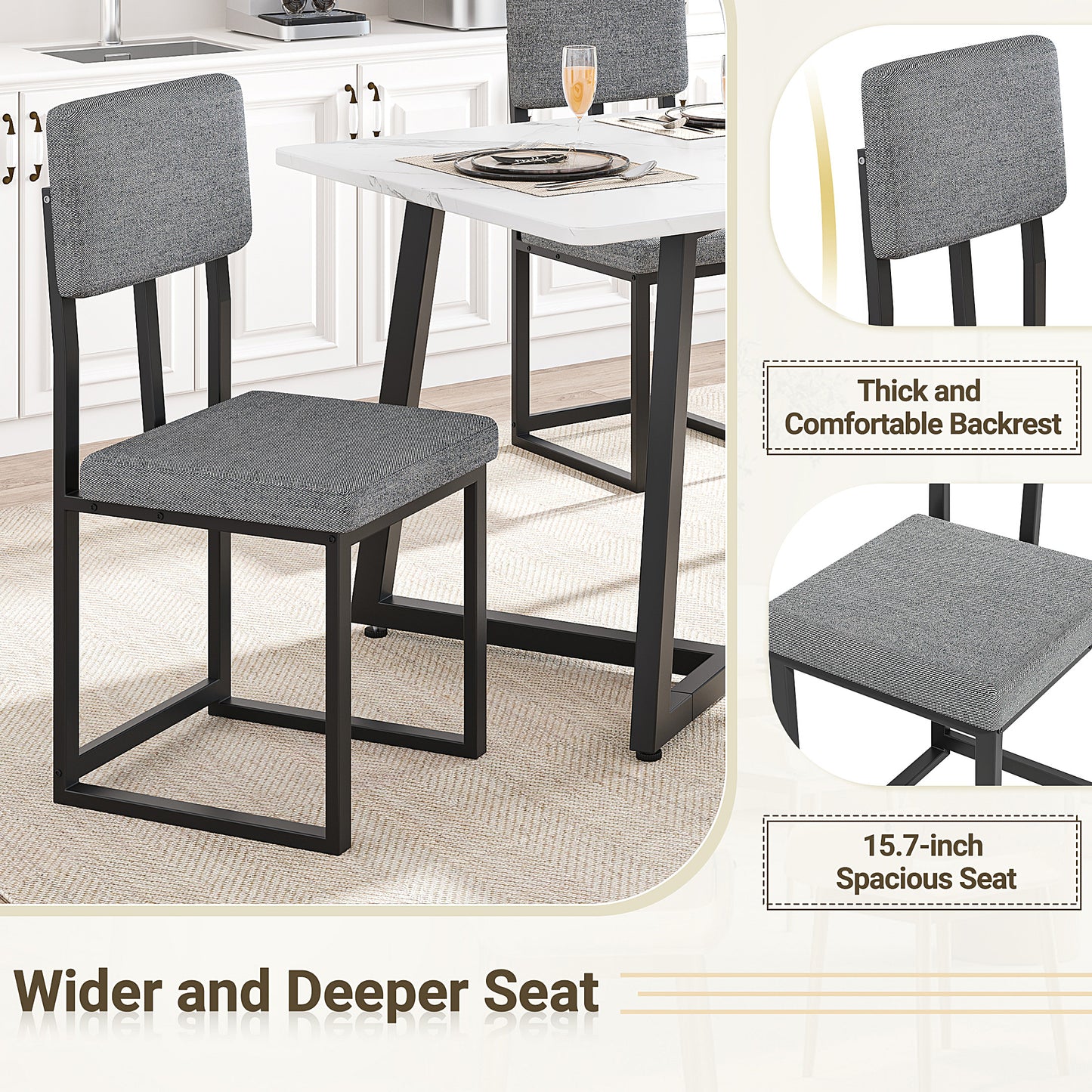 Dining Table Set for 4, 5 Piece Kitchen Table and Chairs Set, Rectangle Brown Tabletop and Brown Leather Chairs Set, Small Space Dining Room Set for Apartment