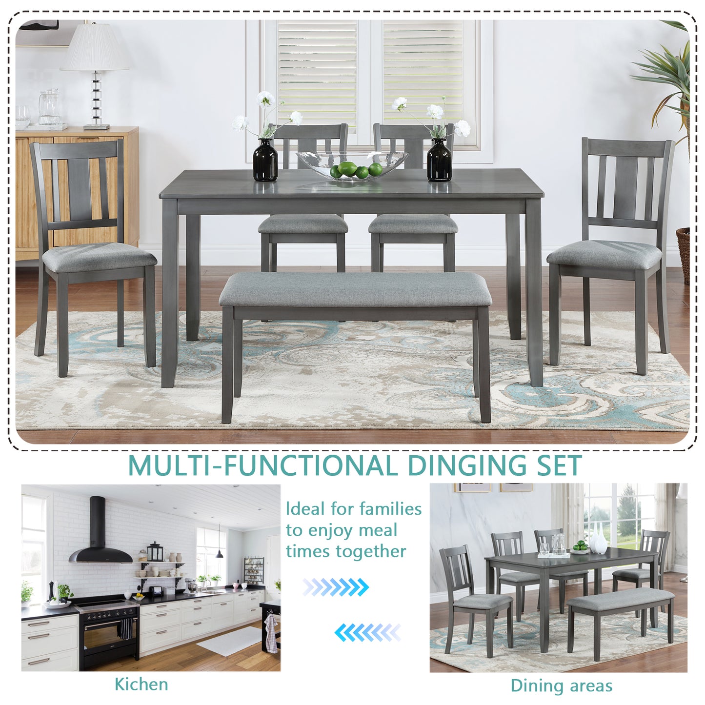 6 Pieces Dining Table Set, Farmhouse Wood Kitchen Table Set for 6 with Bench and 4 Cushioned Chairs, Farmhouse Rectangular Kitchen Dining Table and Chair Set for Dining Room, Gray