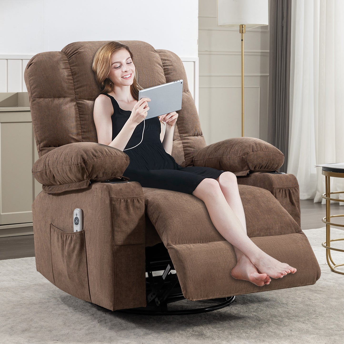 Rocker Recliner, Swivel Rocker Recliner Chair with Heat and Massage, Massage Recliner Chair for Living Room, Elderly Single Lounge Chair for Nursery Living Room Home Theater Office, Blue
