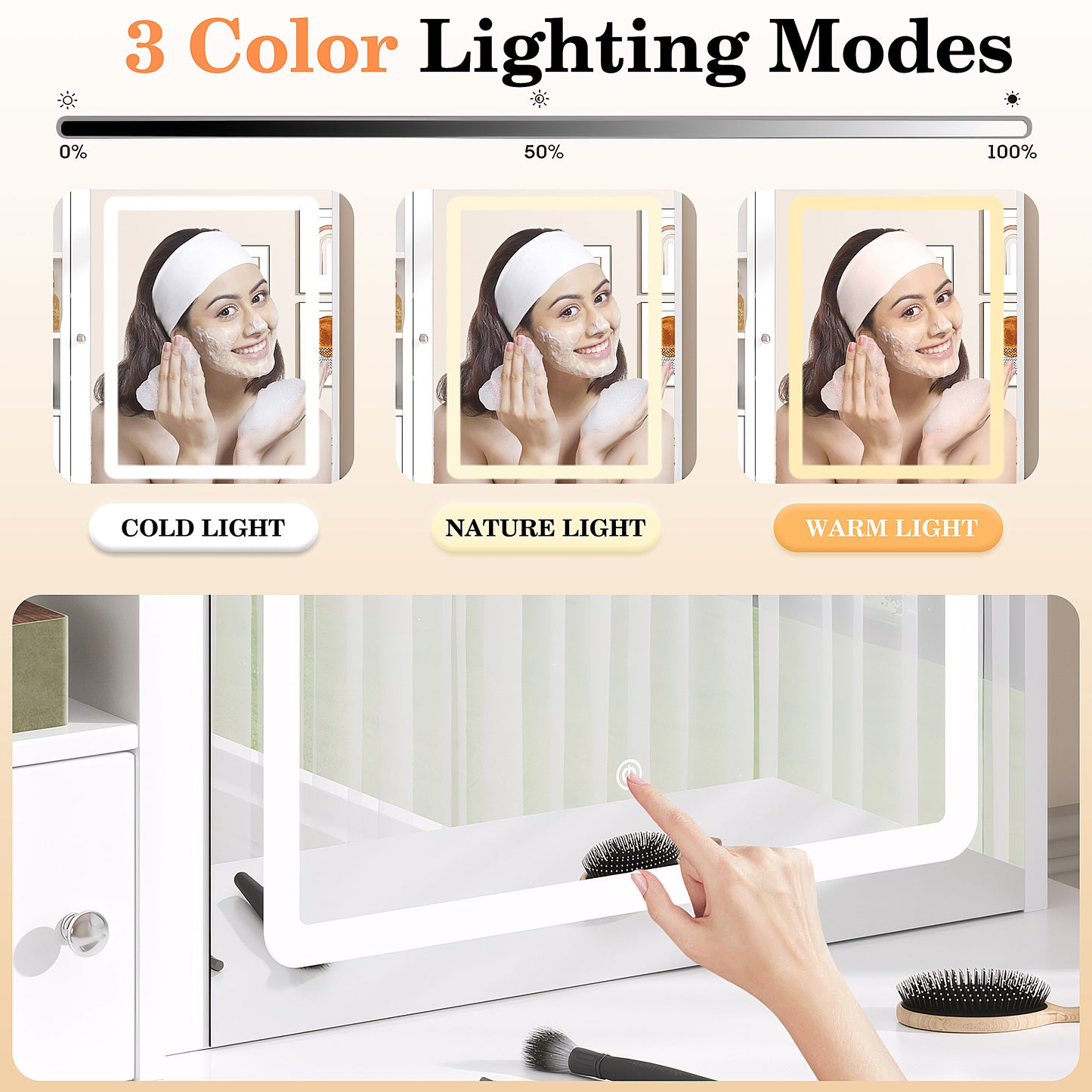 Vanity Desk Set with Mirror and Lights, LEGAHOME White Makeup Vanity Set with Charging Station, Lighted Dressing Table for Girls Ladies, 3 Color Modes & Hidden Storage Space, White