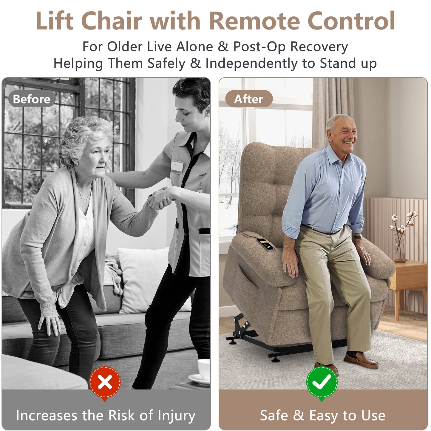 Lift Chair Oversized Seat, Power Lift Recliner Chair for Elderly, Electric Recliner Chair for Living Room, 350lb Capacity, Heavy-Duty Theater Recliner Sofa, No Massage and Heat Function, Brown