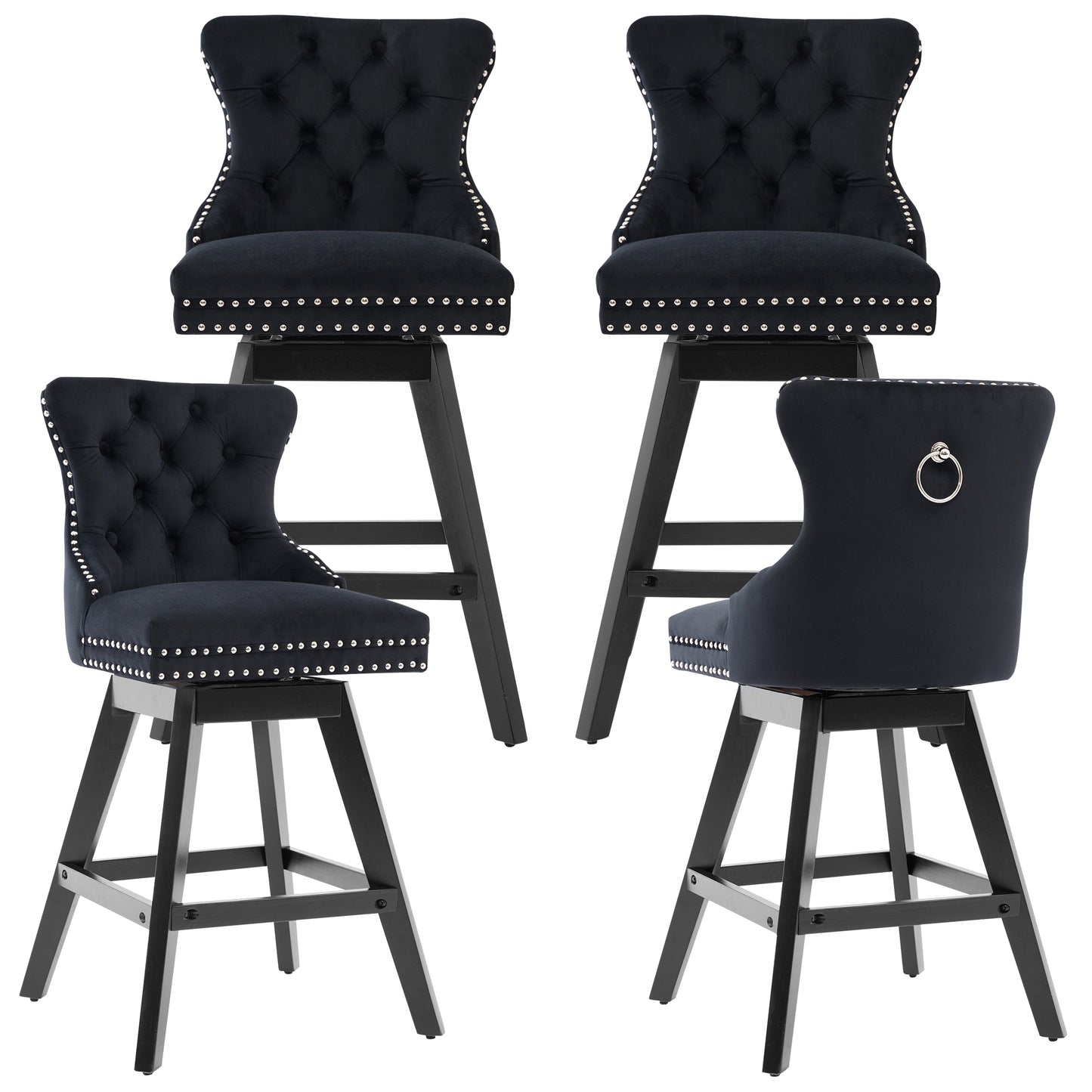 Swivel Bar Stools of 4, LEGAHOME 26"H Counter Height Swivel Barstools with Tufted Back, Velvet Upholstered Kitchen Barstool Chair for Island with Solid Wood Legs, Black (Set of 4)
