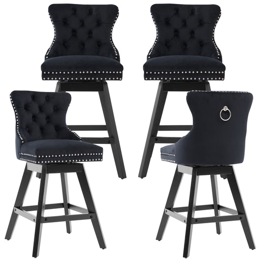 Swivel Bar Stools of 4, LEGAHOME 26"H Counter Height Swivel Barstools with Tufted Back, Velvet Upholstered Kitchen Barstool Chair for Island with Solid Wood Legs, Black (Set of 4)
