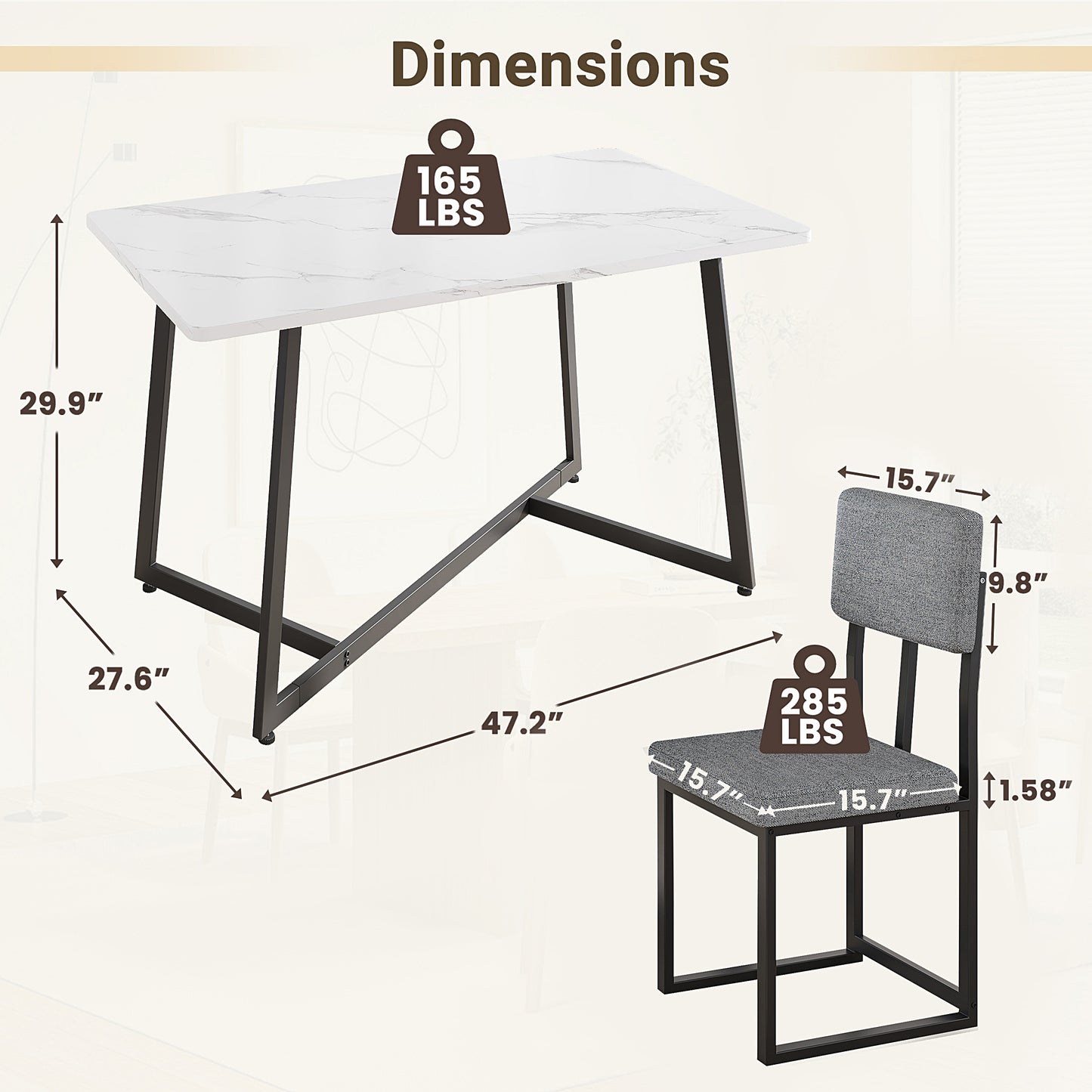Dining Table Set for 4, 5 Piece Kitchen Table and Chairs Set, Rectangle Brown Tabletop and Brown Leather Chairs Set, Small Space Dining Room Set for Apartment