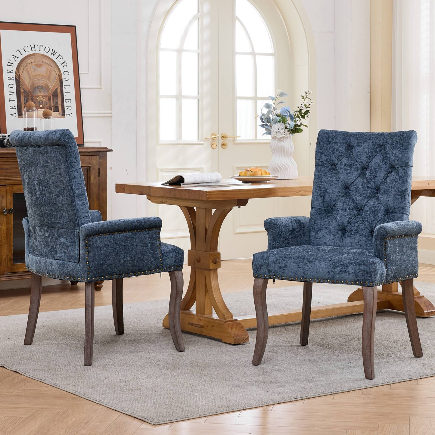 Dining Chair Set of 2, Legahome Mid Century Accent Chairs with Button Tufted & Curved Wooden Legs, Chenille Upholstered Arm Chair Accent Chair, Kitchen & Dining Room Chairs Set, Beige