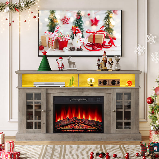Fireplace TV Stand for 65 inch TVs with LED Lights, LEGAHOME Farmhouse Entertainment Center for TVs with 23in Fireplace, Wooden Living Room Media Console for 400Sqt, 62°F - 82°F Heating Range, Gray