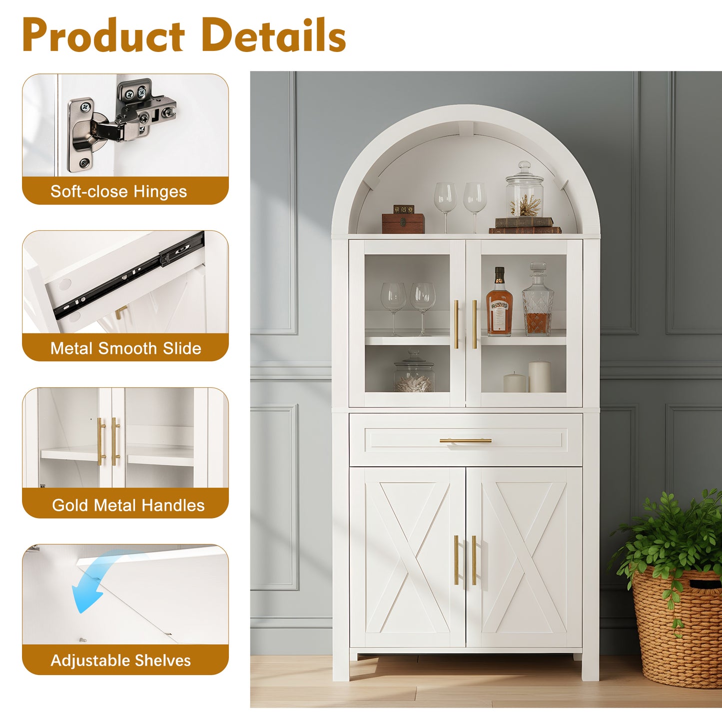 71'' Tall Arched Pantry Storage Cabinet, Legahome Kitchen Pantry with 1 Drawer & 9 Shelves & 4 Doors & Adjustable Shelves, Kitchen Pantry Storage Cabinet for Dining Living Room, White