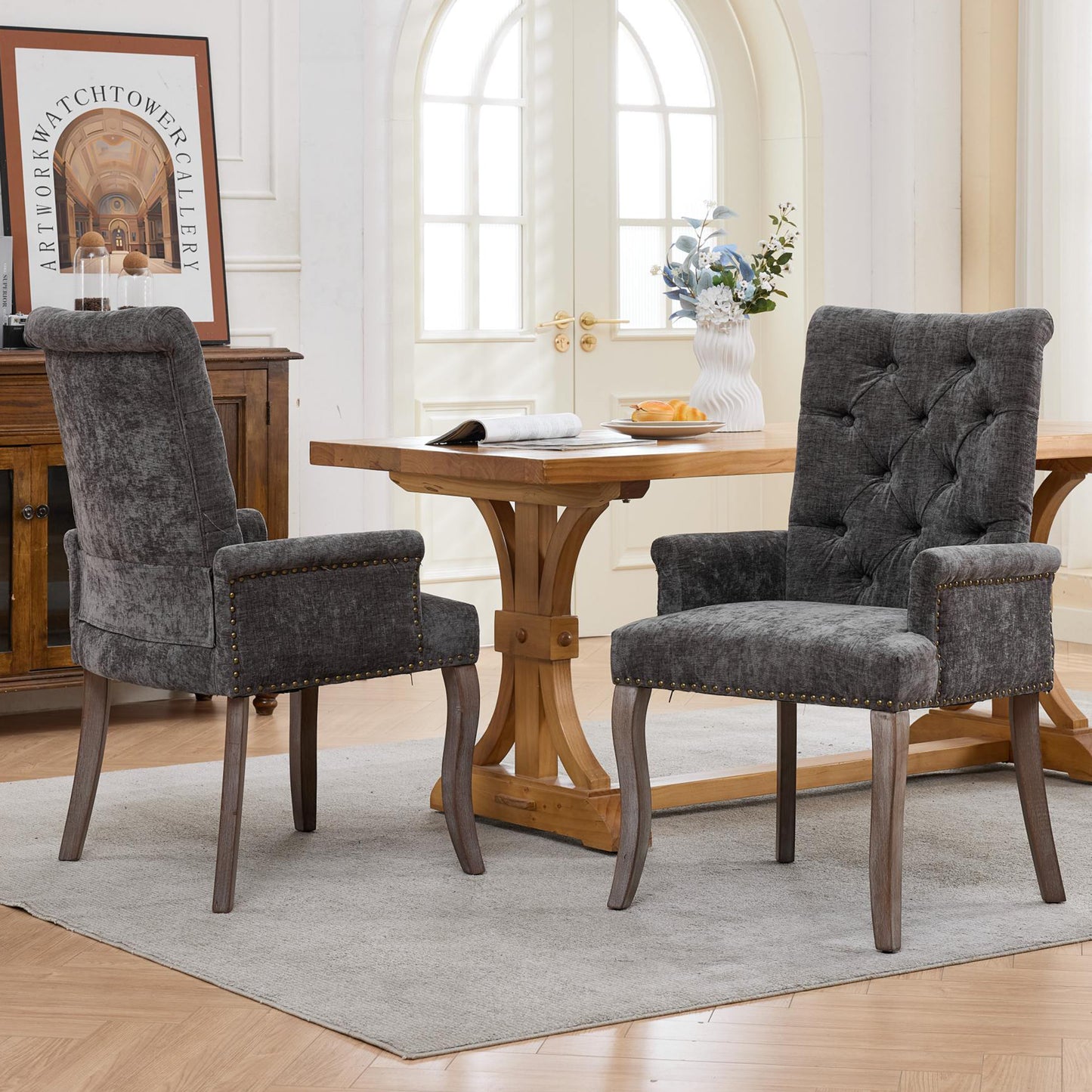 Dining Chair Set of 2, Legahome Mid Century Accent Chairs with Button Tufted & Curved Wooden Legs, Chenille Upholstered Arm Chair Accent Chair, Kitchen & Dining Room Chairs Set, Beige