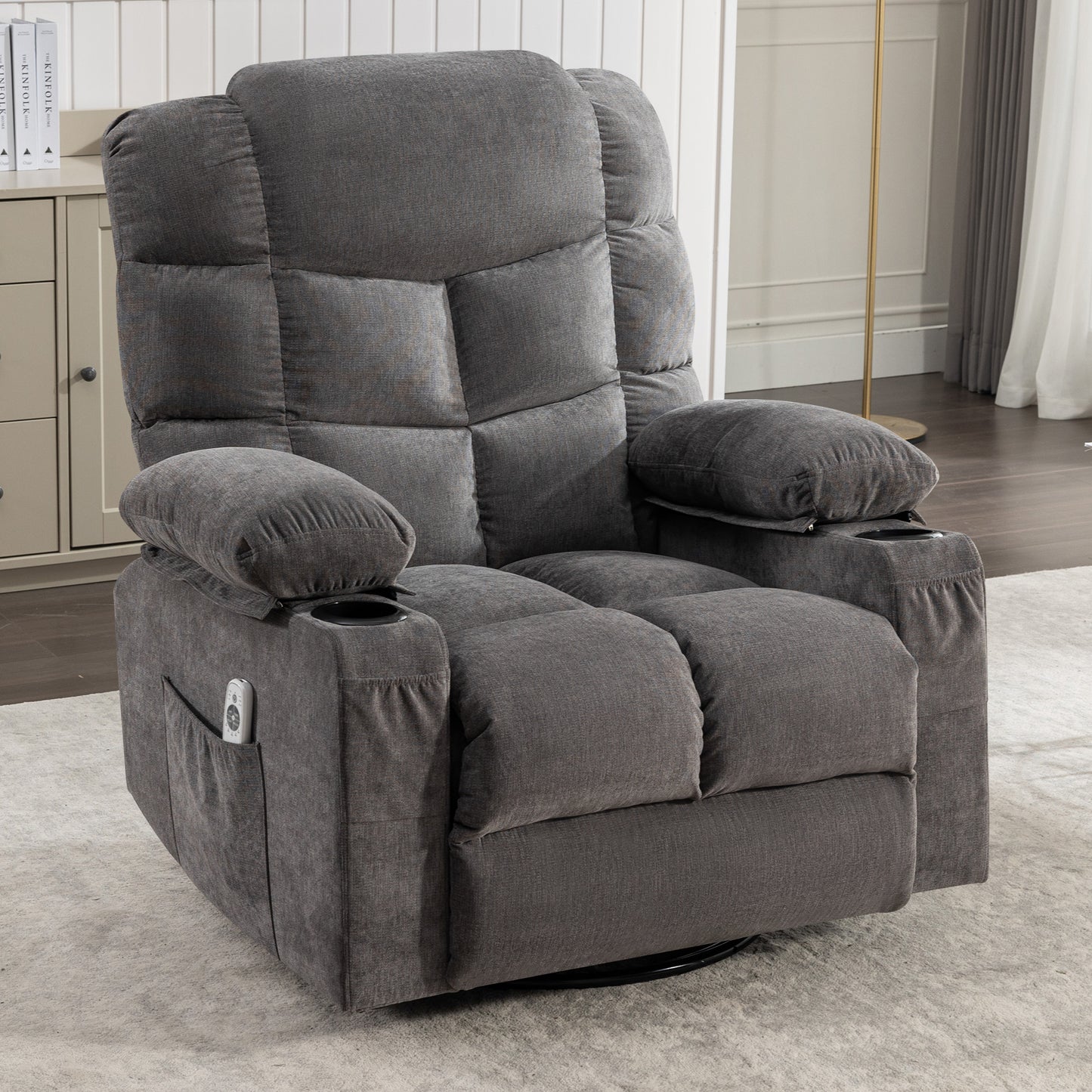 Rocker Recliner, Swivel Rocker Recliner Chair with Heat and Massage, Massage Recliner Chair for Living Room, Elderly Single Lounge Chair for Nursery Living Room Home Theater Office, Gray