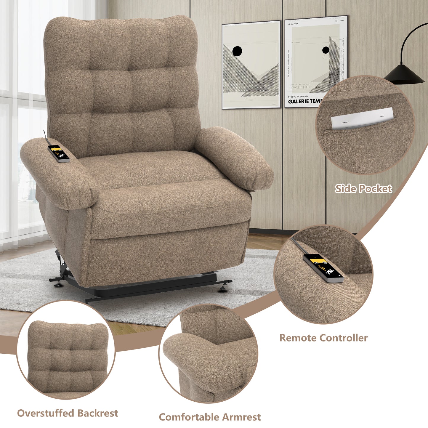 Lift Chair Oversized Seat, Power Lift Recliner Chair for Elderly, Electric Recliner Chair for Living Room, 350lb Capacity, Heavy-Duty Theater Recliner Sofa, No Massage and Heat Function, Brown