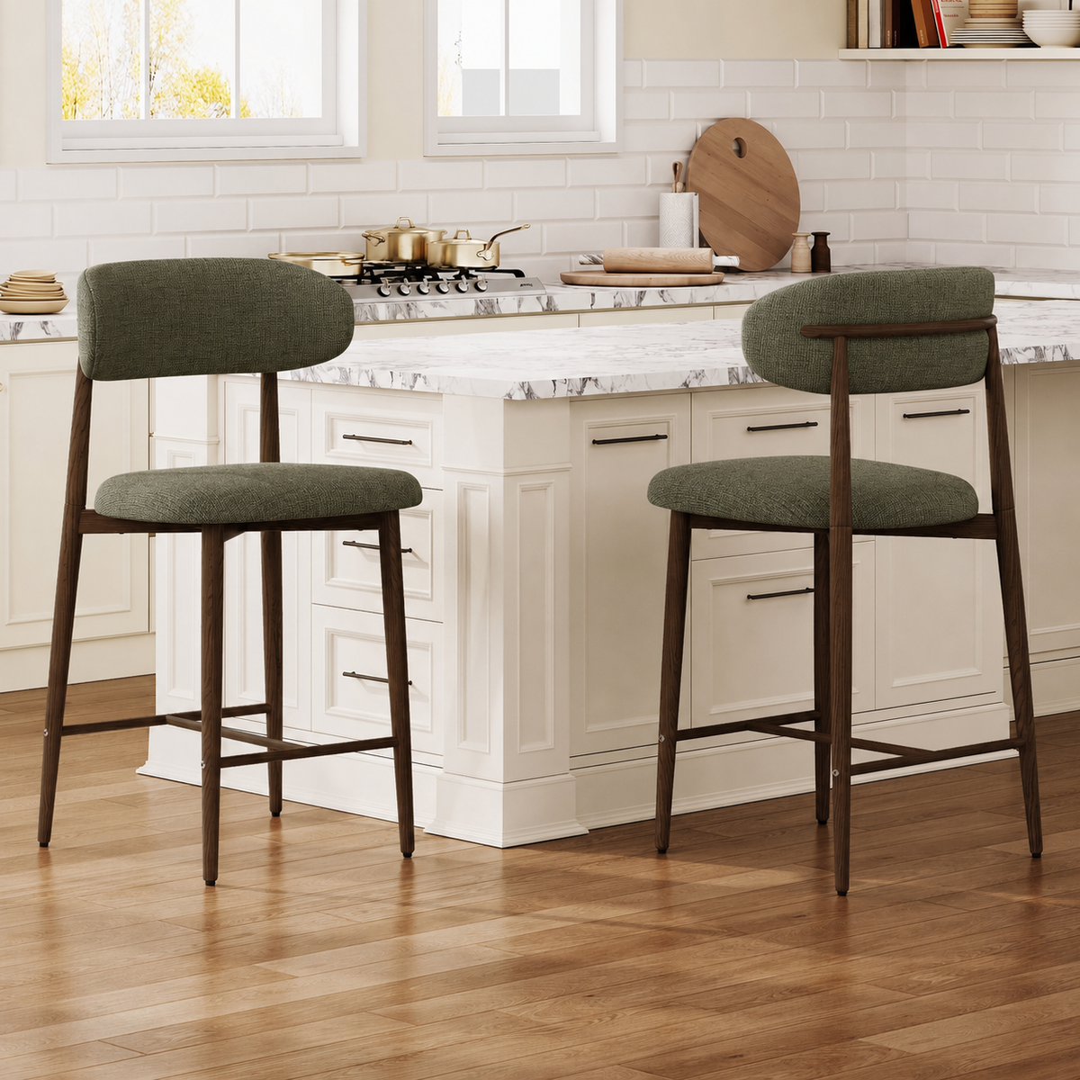 Bar Stool Set of 2, Legahome 26" Counter Height Bar Stool, Modern Farmhouse Upholstered Bar Stool with Curved Back & Wood-Grain Metal Legs for Kitchen Island Dining Room