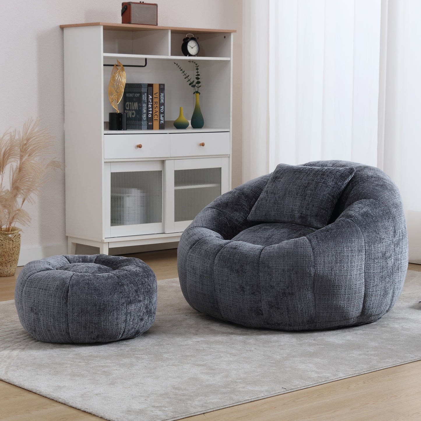Bean Bag Chair with Ottoman, Legahome Large Bean Bag for Adult, Chenille Lazy Floor Sofa with Pillow, Pumpkin Shaped Bean Bag Chair, Reading Chair for Living Room, Bedroom, Beige
