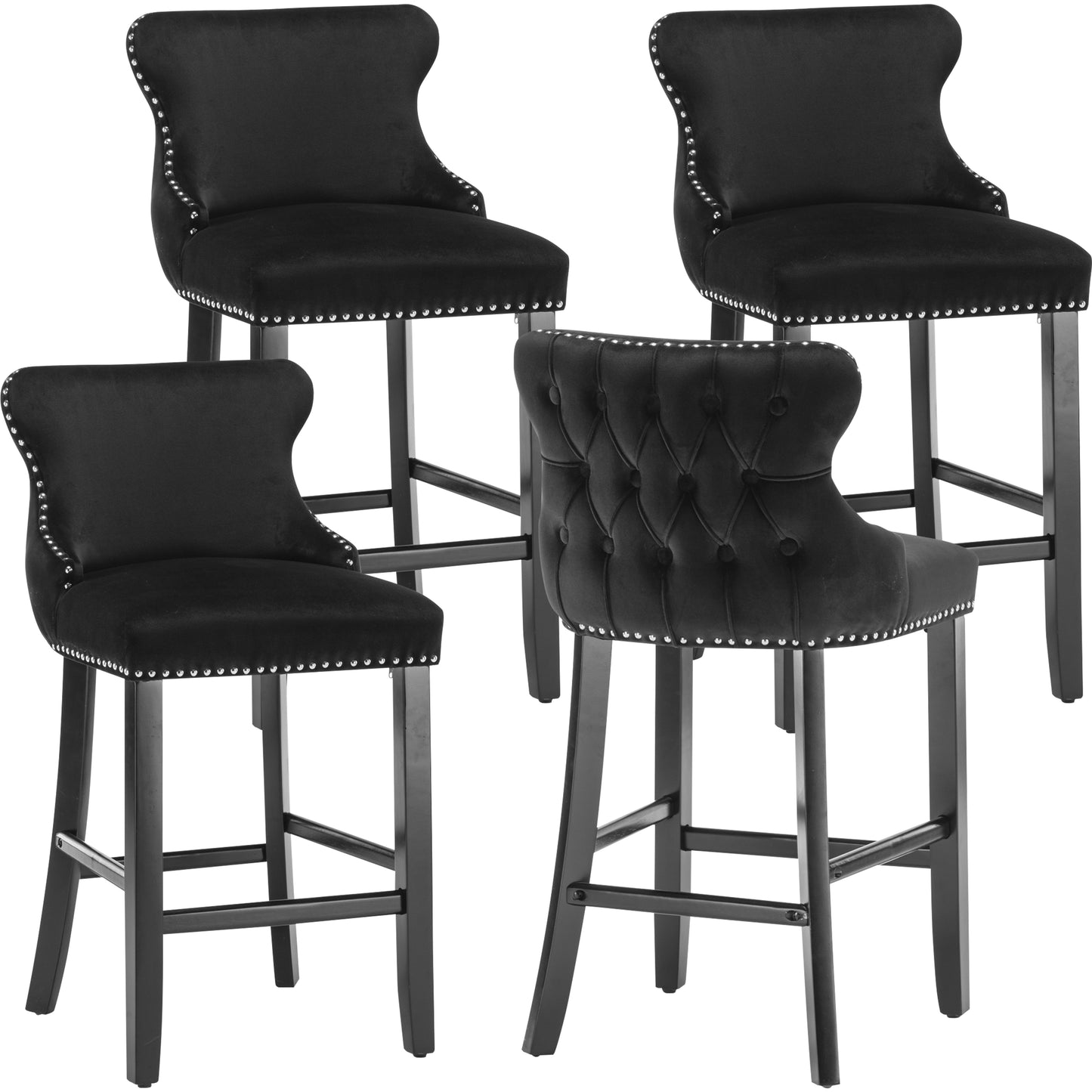Velvet Barstools Set of 4, Contemporary Wing-Back Bar Chairs with Button Tufted and Chrome Nailhead Trim, Leisure Upholstered Bar Height Bar Stools with Wooden Legs, Beige