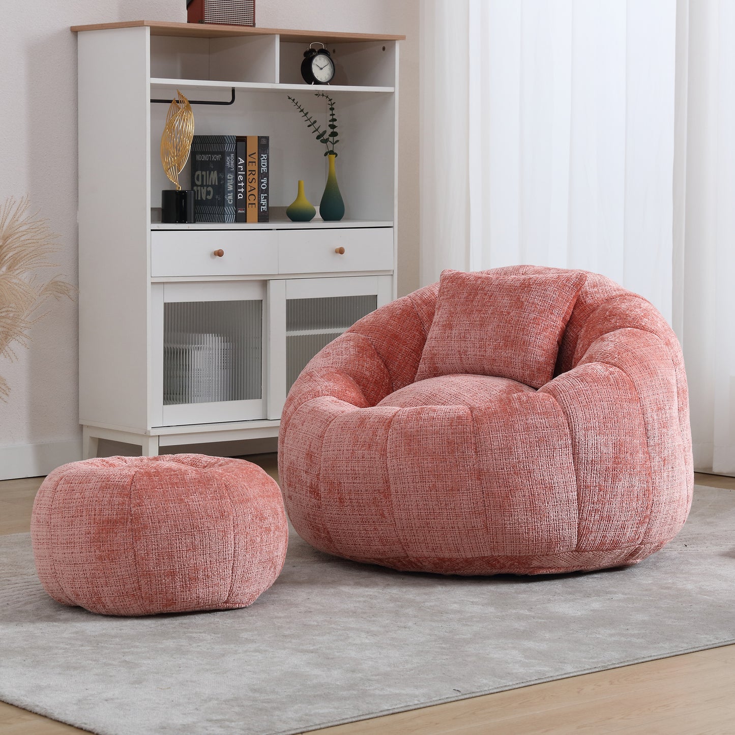 Bean Bag Chair with Ottoman, Legahome Large Bean Bag for Adult, Chenille Lazy Floor Sofa with Pillow, Pumpkin Shaped Bean Bag Chair, Reading Chair for Living Room, Bedroom, Beige